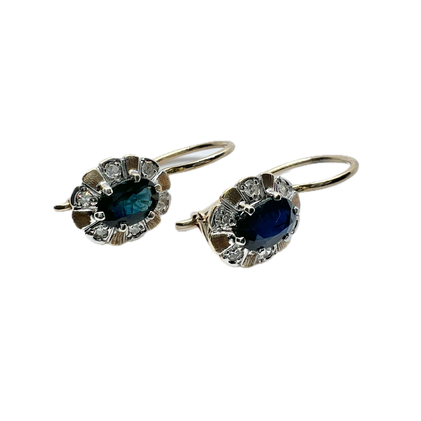 Maker VM, Finland 1998. Vintage 14k Gold Sapphire Diamond Earrings.