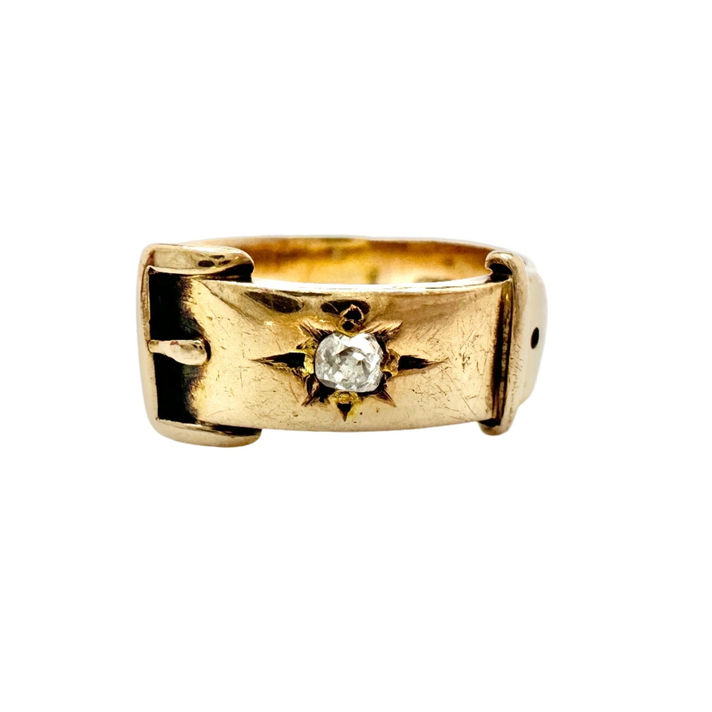 WN, Birmingham 1895. Antique Victorian 15k Gold Diamond Buckle Ring.