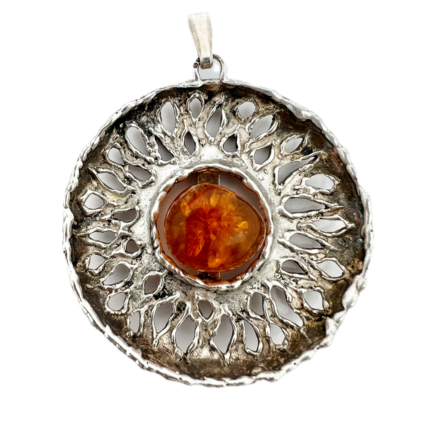 Fischlandschmuck, Germany. Vintage c 1970s. Solid Silver Amber Pendant.