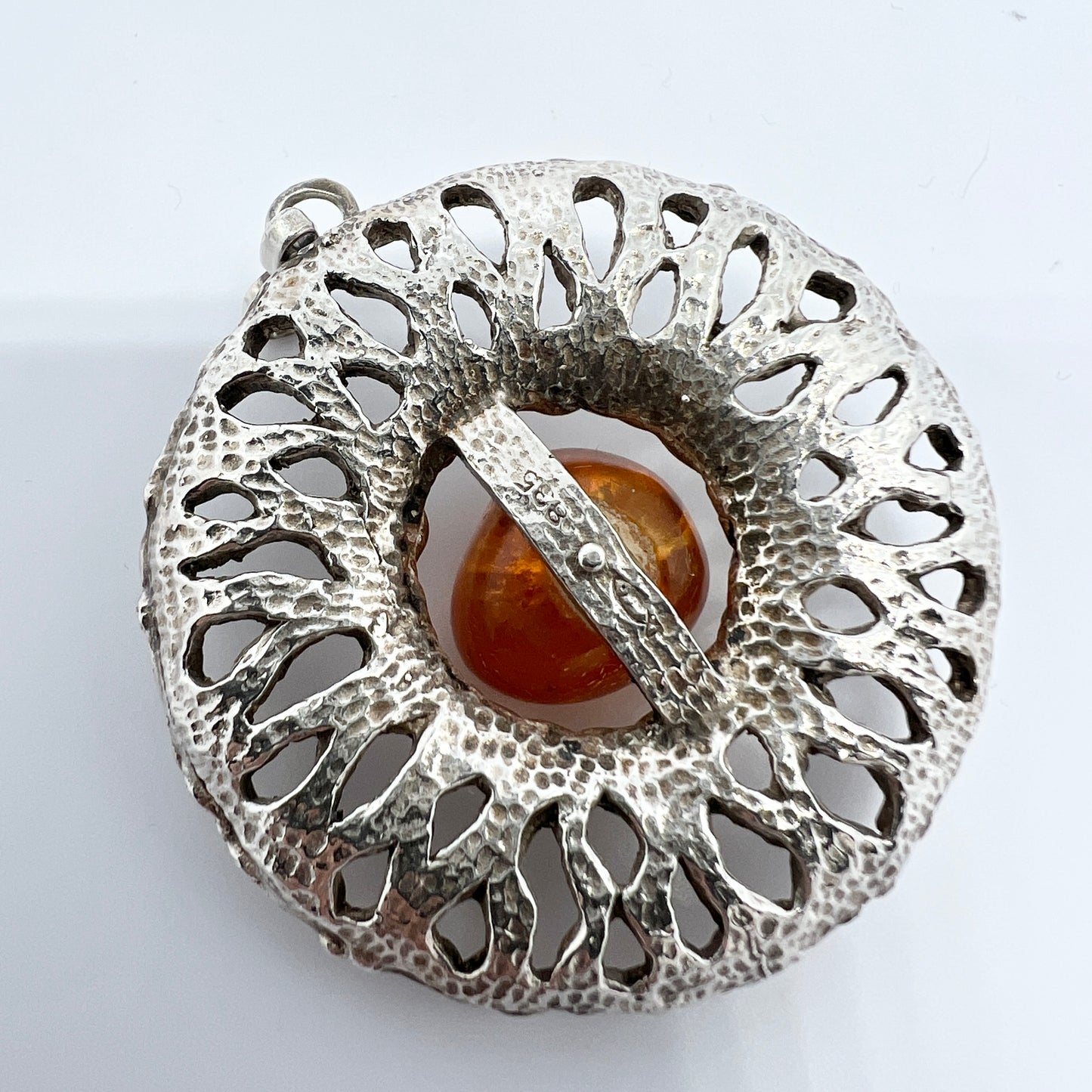 Fischlandschmuck, Germany. Vintage c 1970s. Solid Silver Amber Pendant.