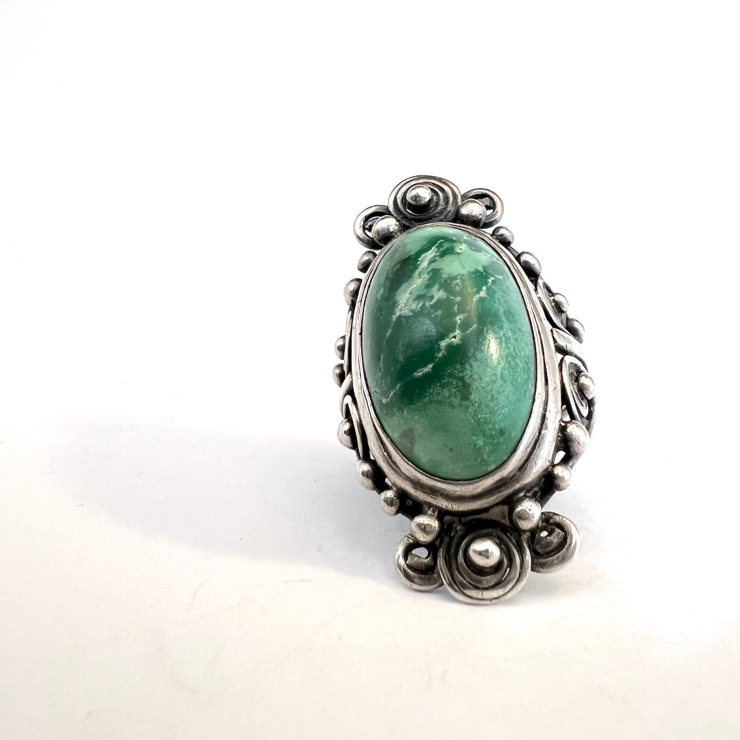 Early 1900s, Antique Sterling Silver Green Turquoise Ring.