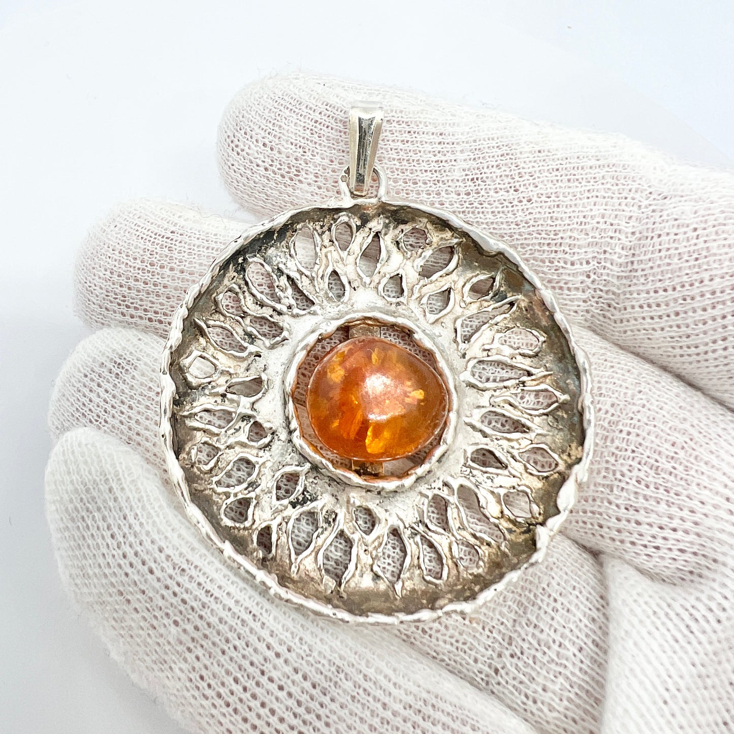 Fischlandschmuck, Germany. Vintage c 1970s. Solid Silver Amber Pendant.