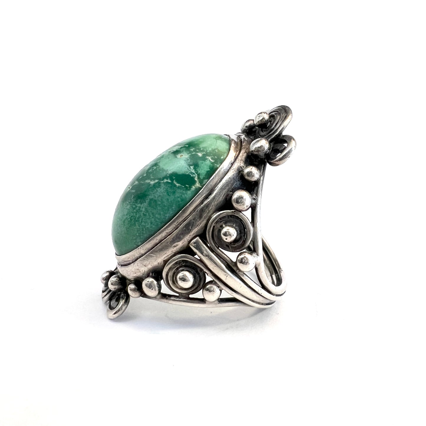 Early 1900s, Antique Sterling Silver Green Turquoise Ring.