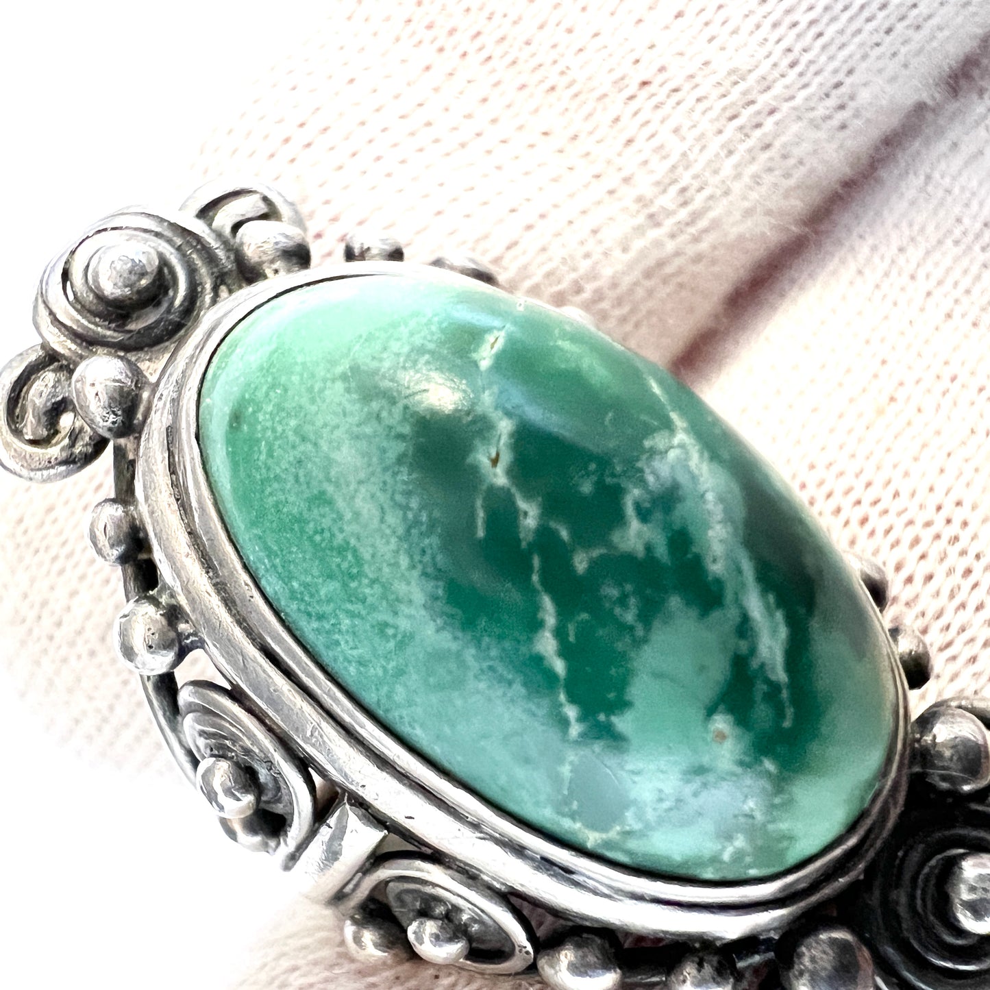 Early 1900s, Antique Sterling Silver Green Turquoise Ring.