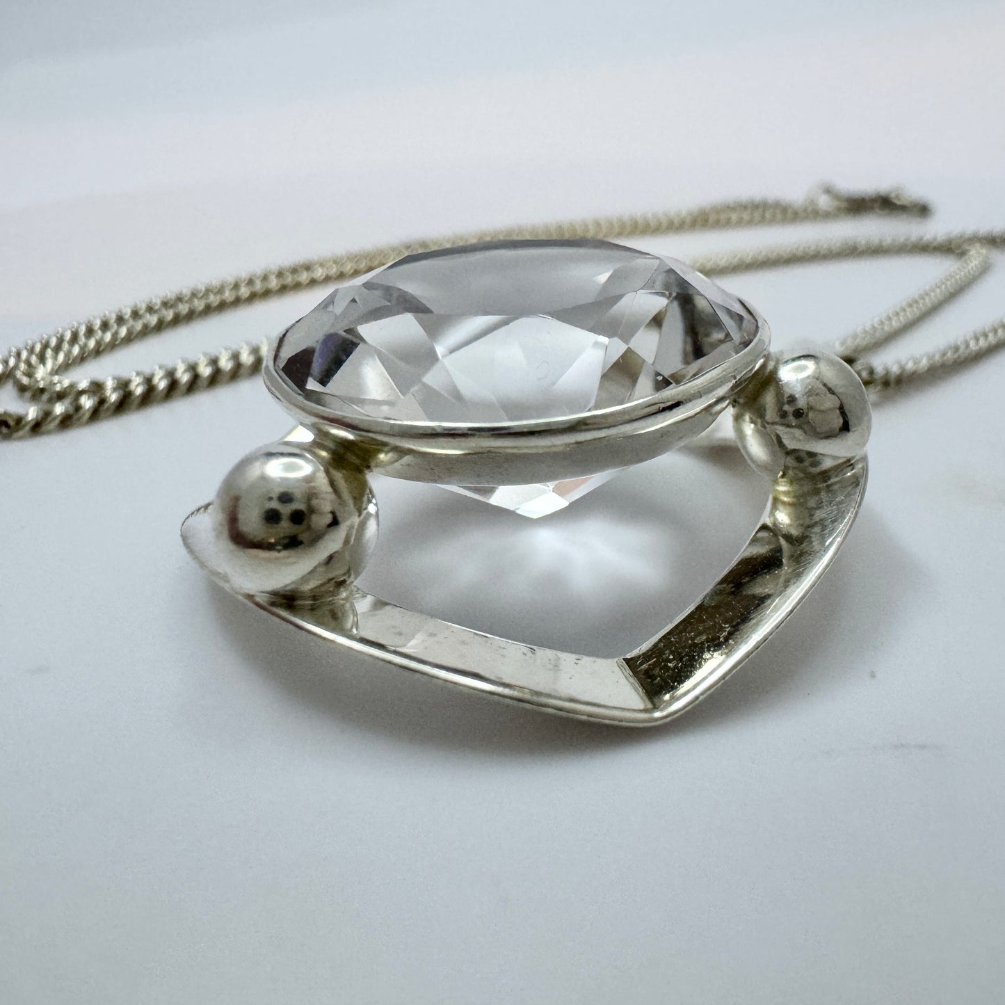 Salovaara, Finland c 1970s. Vintage Sterling Silver Rock Crystal Pendant + Chain.