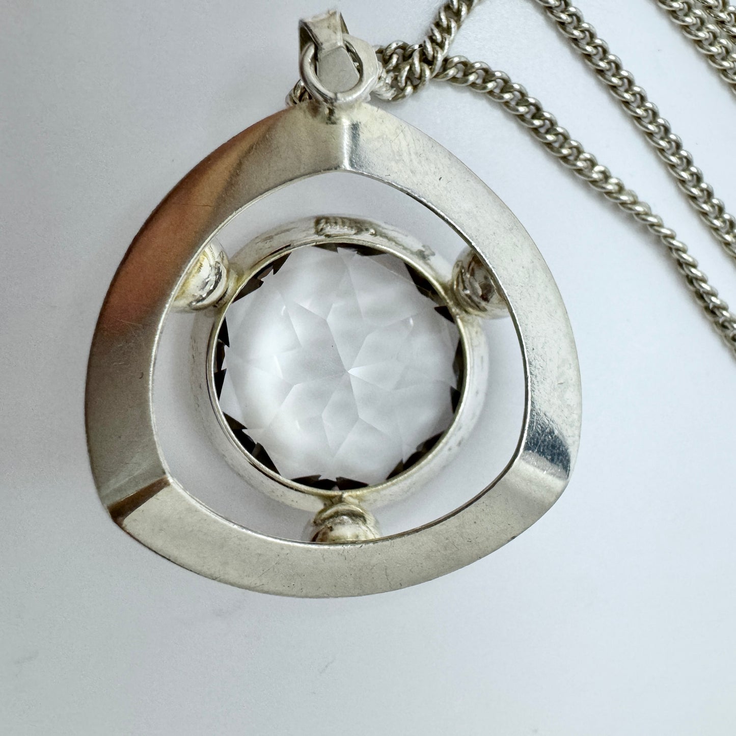 Salovaara, Finland c 1970s. Vintage Sterling Silver Rock Crystal Pendant + Chain.