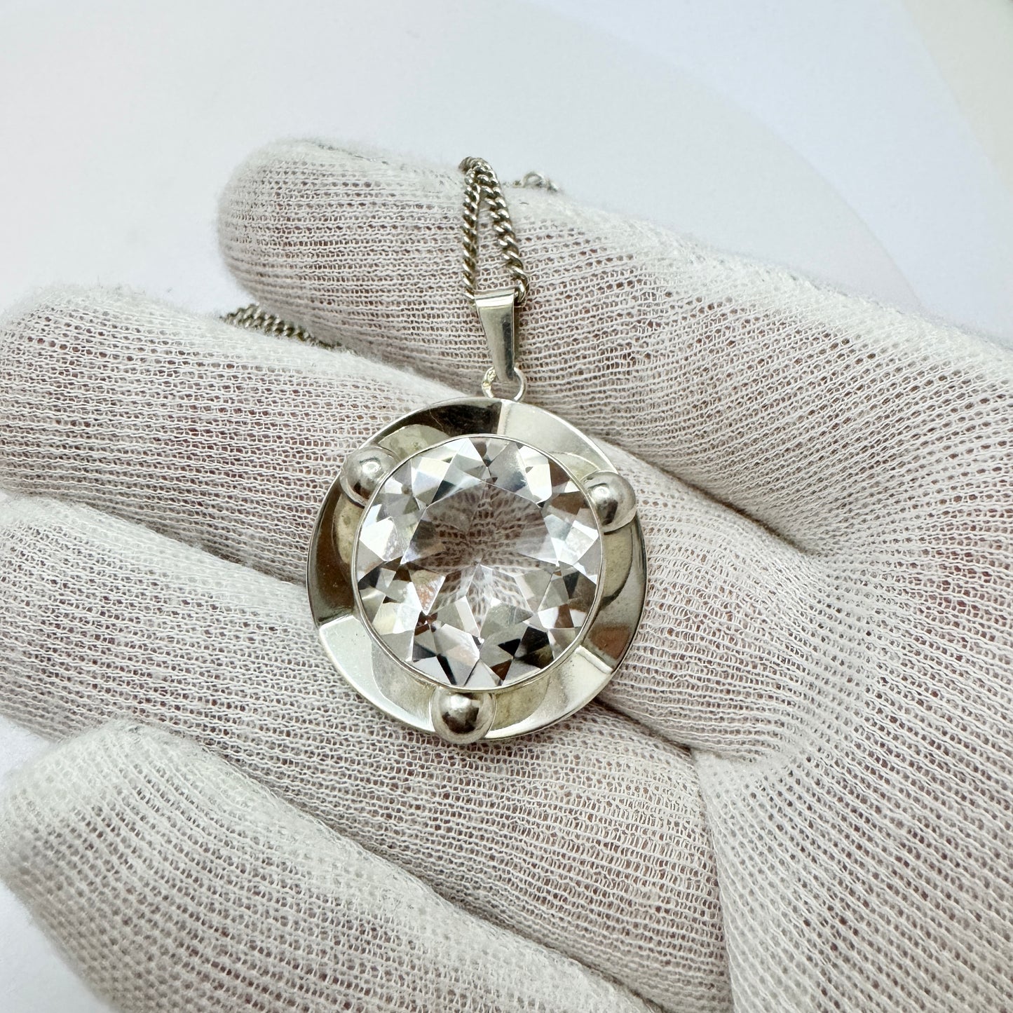 Salovaara, Finland c 1970s. Vintage Sterling Silver Rock Crystal Pendant + Chain.