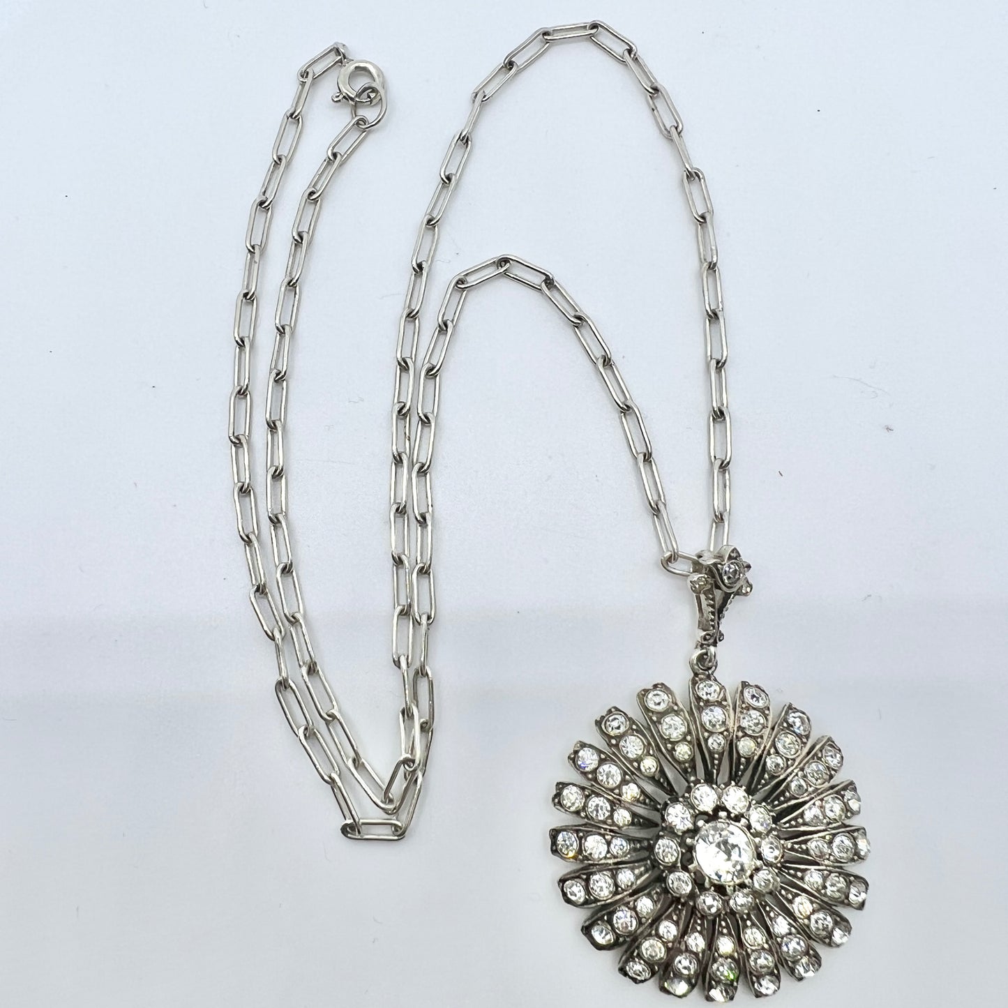 Vintage c 1940s. Solid Silver Paste Stone Pendant Necklace.