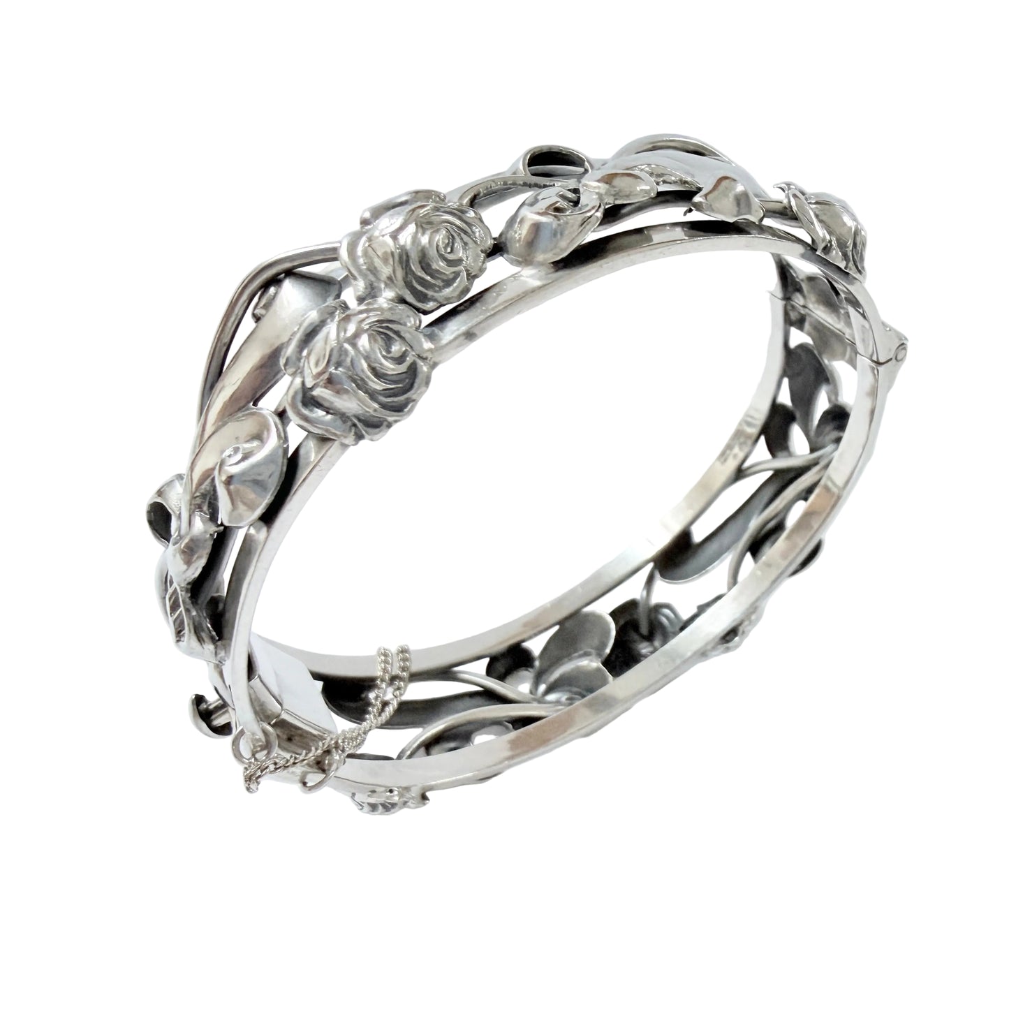 Kaplan, Stockholm, year 1950. Vintage Solid Silver Rose Flower Hinged Bangle Bracelet.