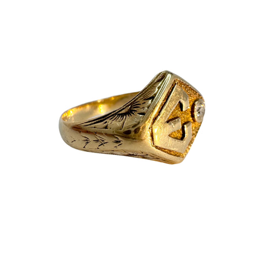 Vintage c 1930. Art Deco 14k Gold Diamond Signet Ring E.