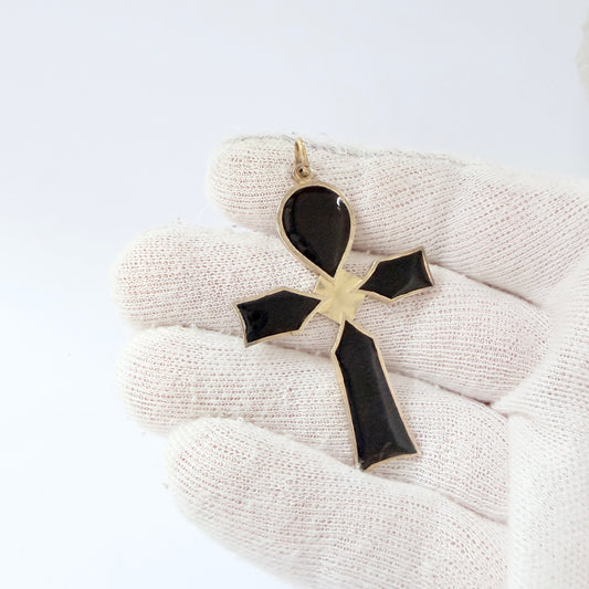 Alios Ritter, Sweden 1934. Vintage Gilt Solid Silver Black Enamel Cross Pendant.