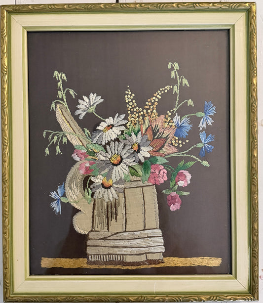Vintage Scandinavian 1940-50s Embroidered Summer Bouquet Framed Wall Art.