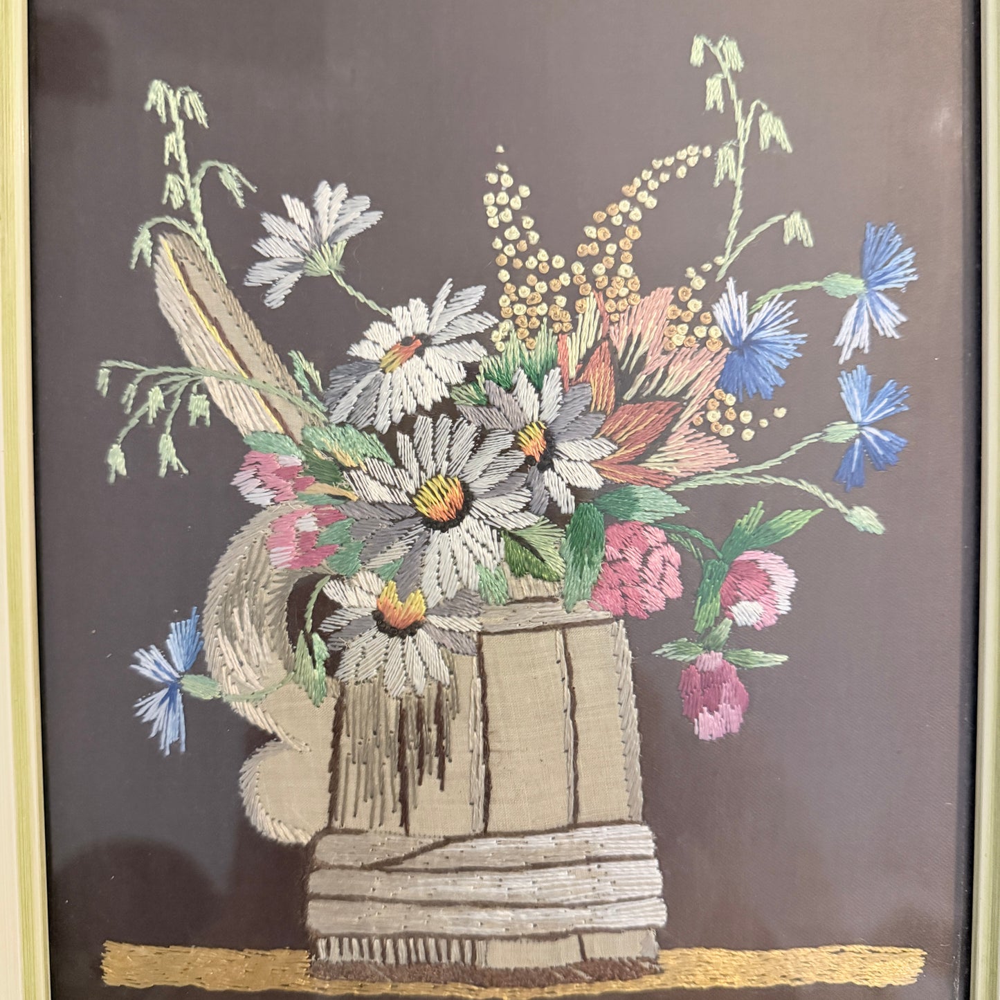 Vintage Scandinavian 1940-50s Embroidered Summer Bouquet Framed Wall Art.