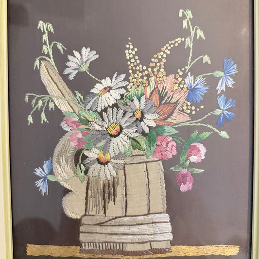 Vintage Scandinavian 1940-50s Embroidered Summer Bouquet Framed Wall Art.