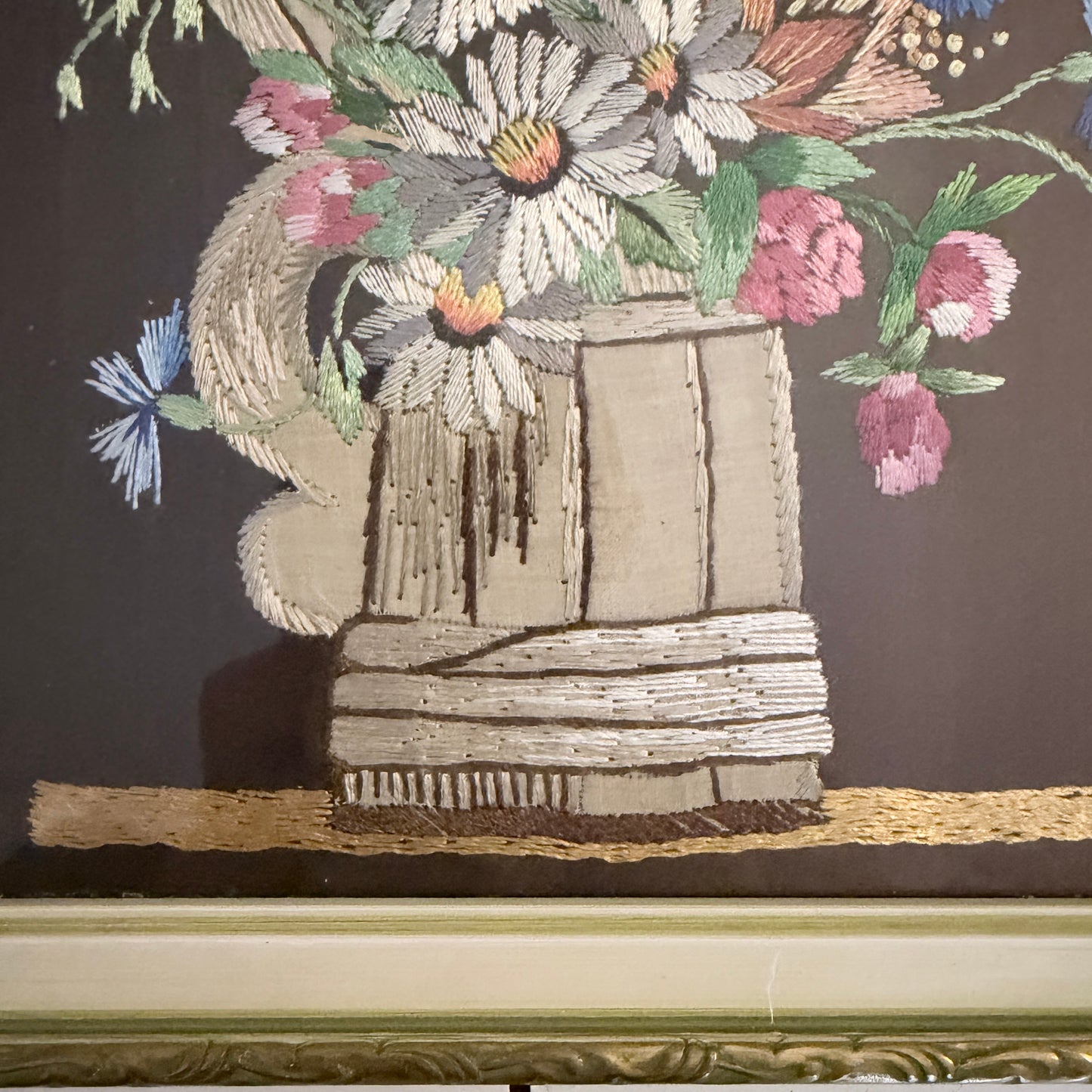Vintage Scandinavian 1940-50s Embroidered Summer Bouquet Framed Wall Art.