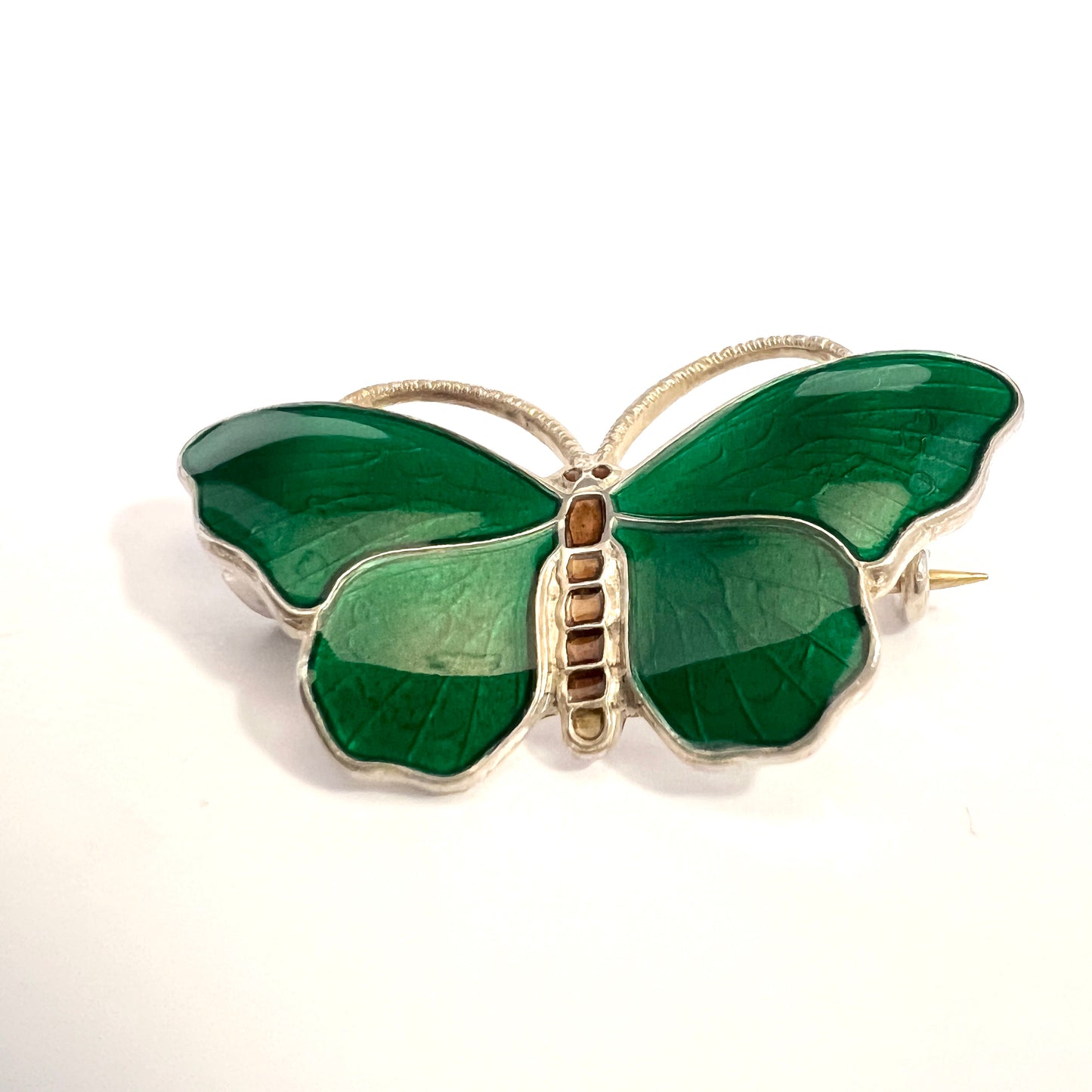 David-Andersen, Norway. Vintage Sterling Silver Green Enamel Butterfly Brooch.