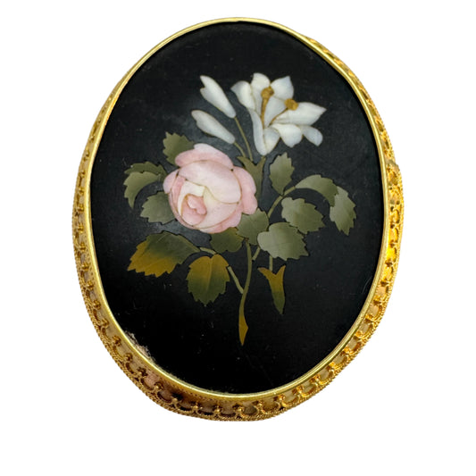 Gustaf Möllenborg, Sweden 1874. Antique 18k Gold Grand Tour Pietra Dura Brooch.