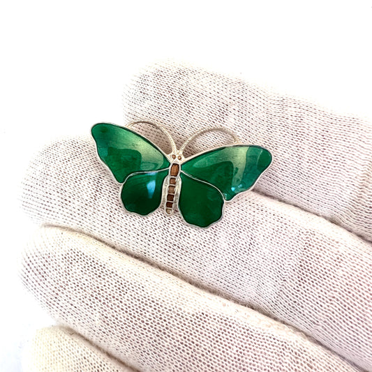 David-Andersen, Norway. Vintage Sterling Silver Green Enamel Butterfly Brooch.