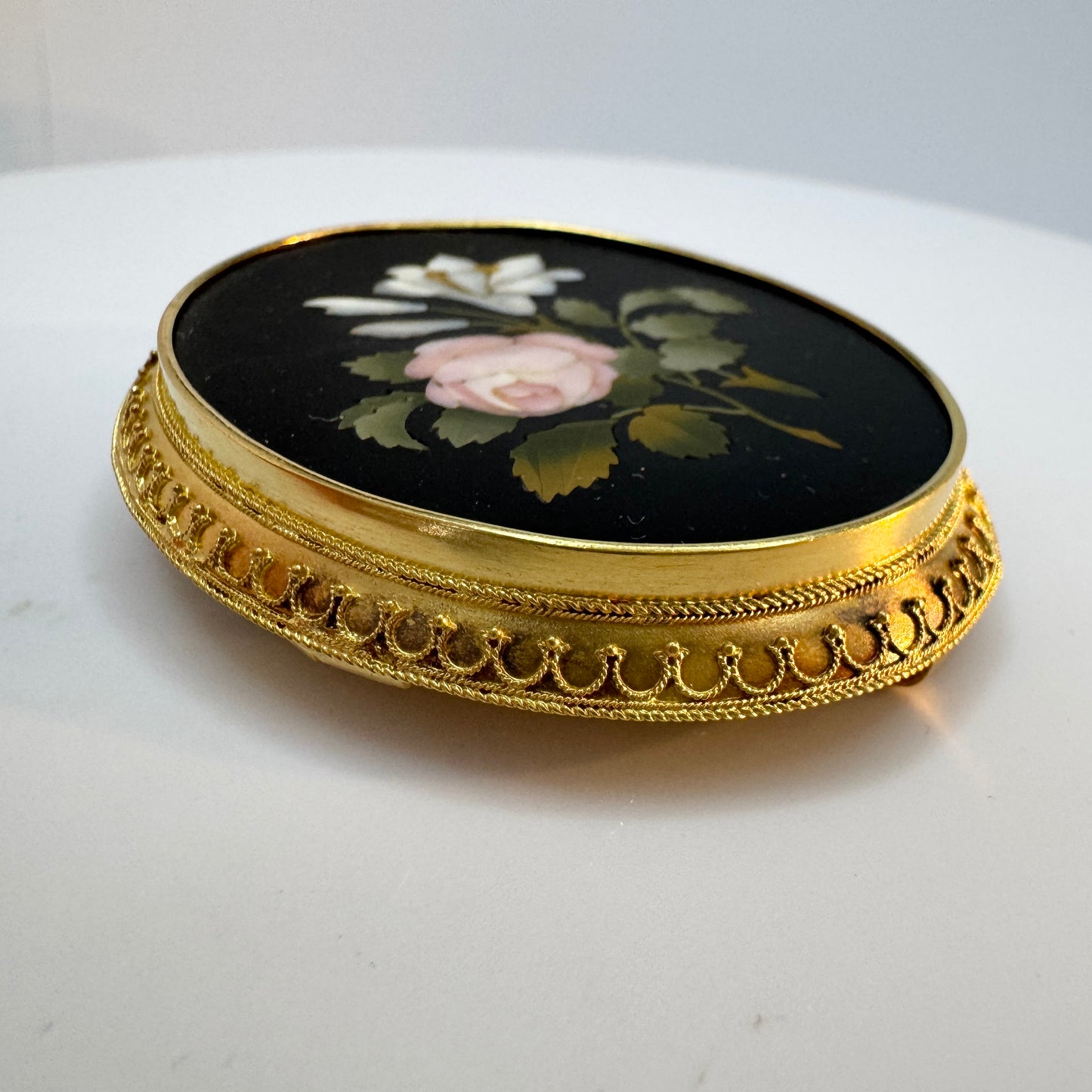 Gustaf Möllenborg, Sweden 1874. Antique 18k Gold Grand Tour Pietra Dura Brooch.