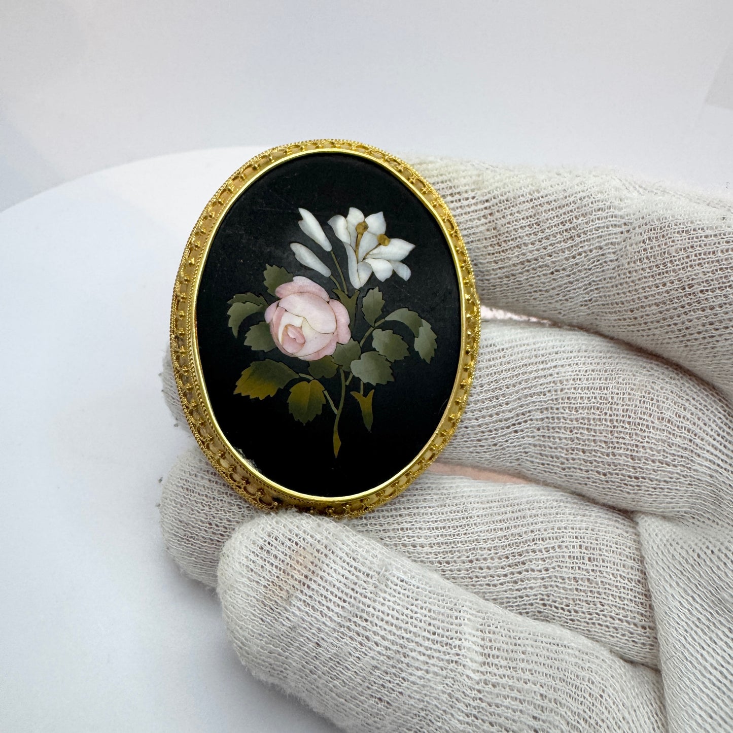Gustaf Möllenborg, Sweden 1874. Antique 18k Gold Grand Tour Pietra Dura Brooch.