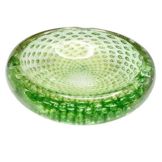 Attr. Archimede Seguso Murano, Italy ca 1950. Green Gold Flake Glass Ashtray Bowl.