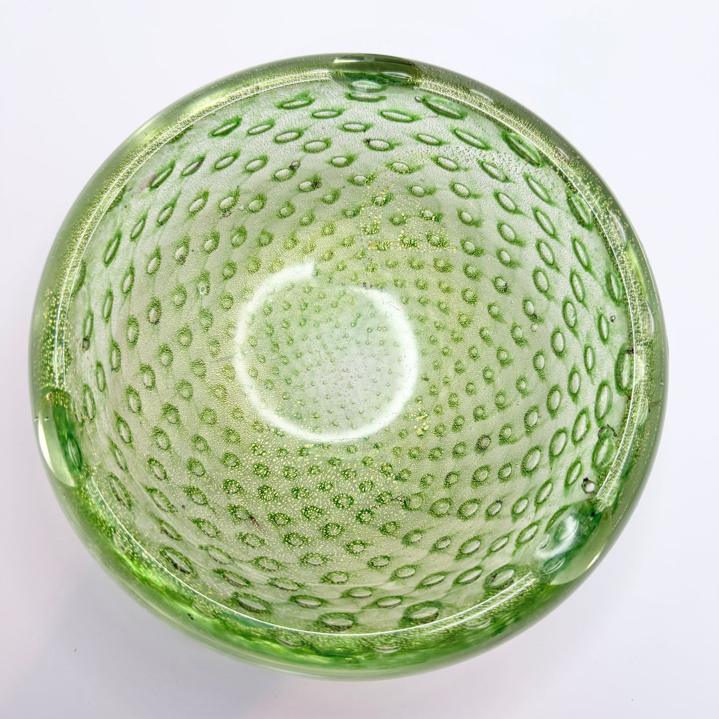 Attr. Archimede Seguso Murano, Italy ca 1950. Green Gold Flake Glass Ashtray Bowl.