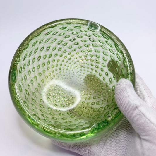 Attr. Archimede Seguso Murano, Italy ca 1950. Green Gold Flake Glass Ashtray Bowl.