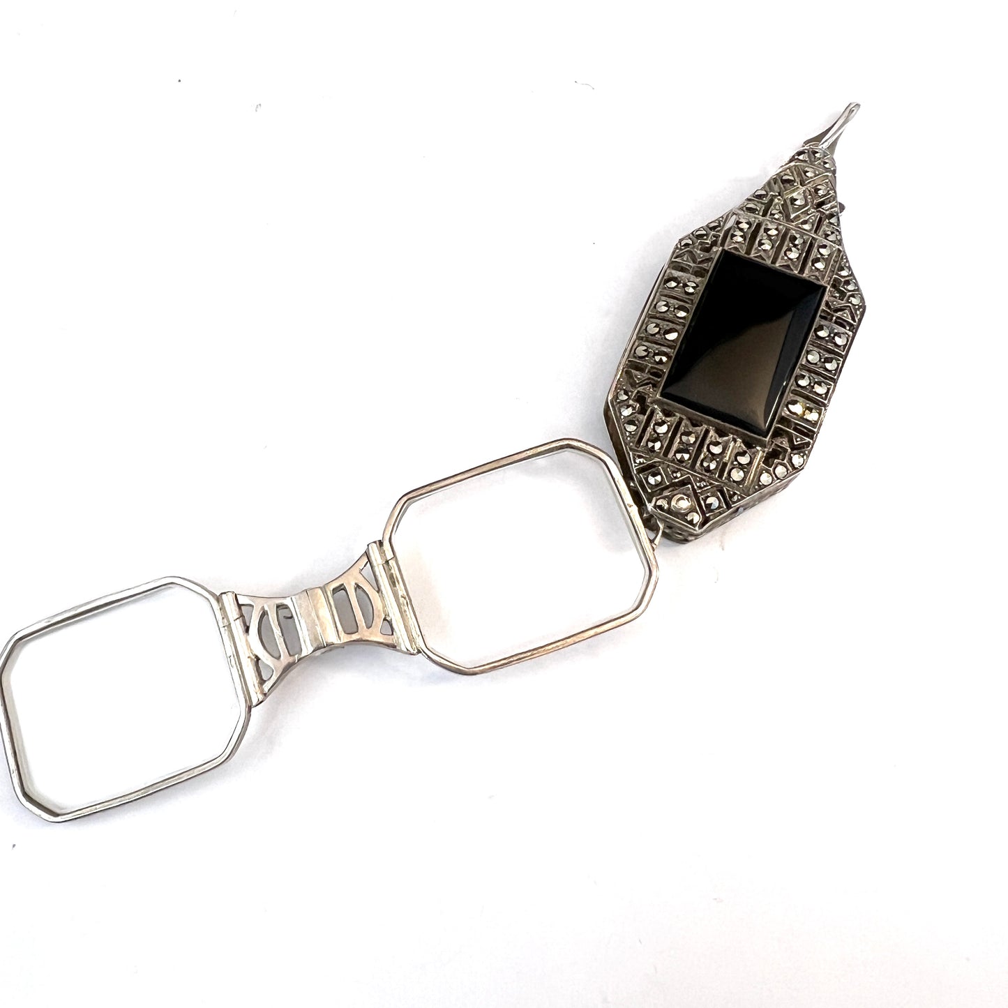 Germany Art Deco Solid 835 Silver Marcasite Onyx Folding Lorgnette Pendant.