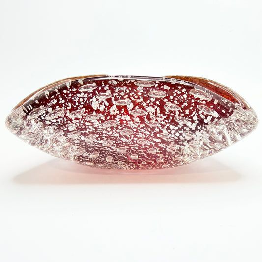 Vintage Mid-century Red Glass Silver Flake Bowl. Prob. Murano Italy.