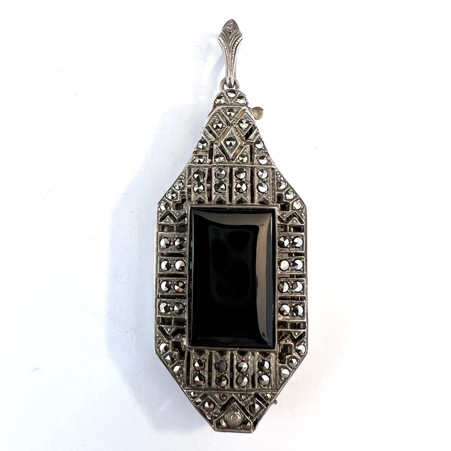 Germany Art Deco Solid 835 Silver Marcasite Onyx Folding Lorgnette Pendant.