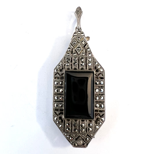 Germany Art Deco Solid 835 Silver Marcasite Onyx Folding Lorgnette Pendant.