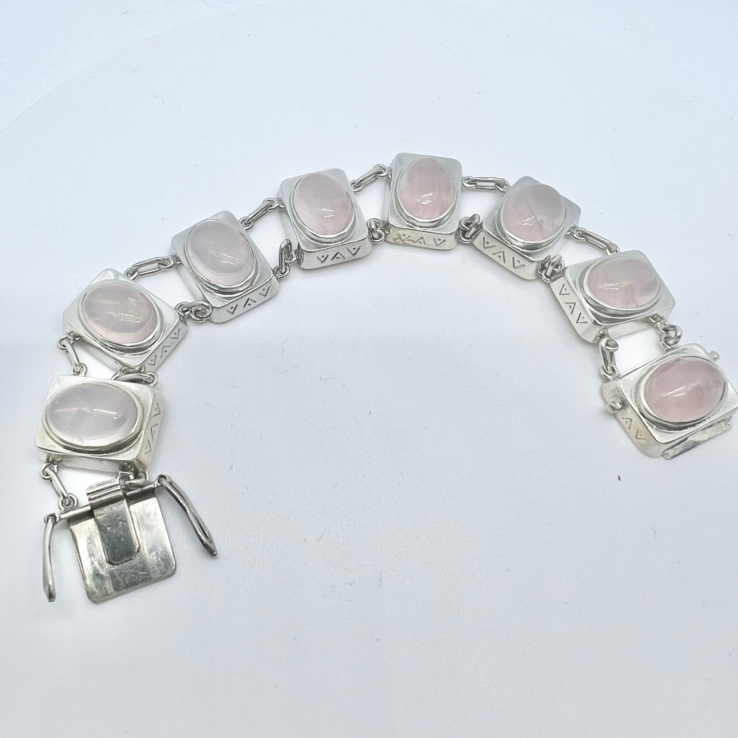 Carlman, Sweden 1954. Vintage Mid-century Modern Sterling Silver Rose Quartz Bracelet.