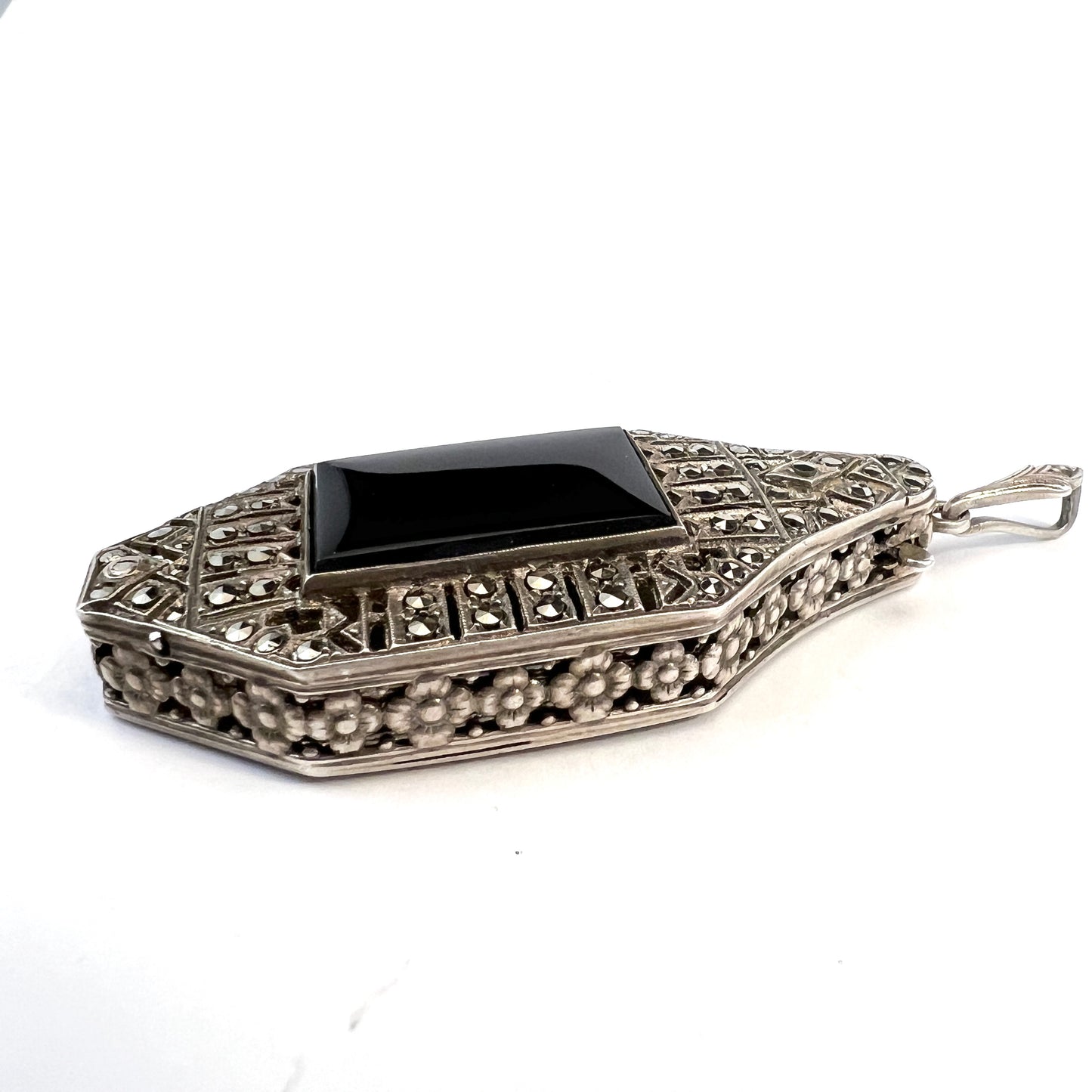 Germany Art Deco Solid 835 Silver Marcasite Onyx Folding Lorgnette Pendant.