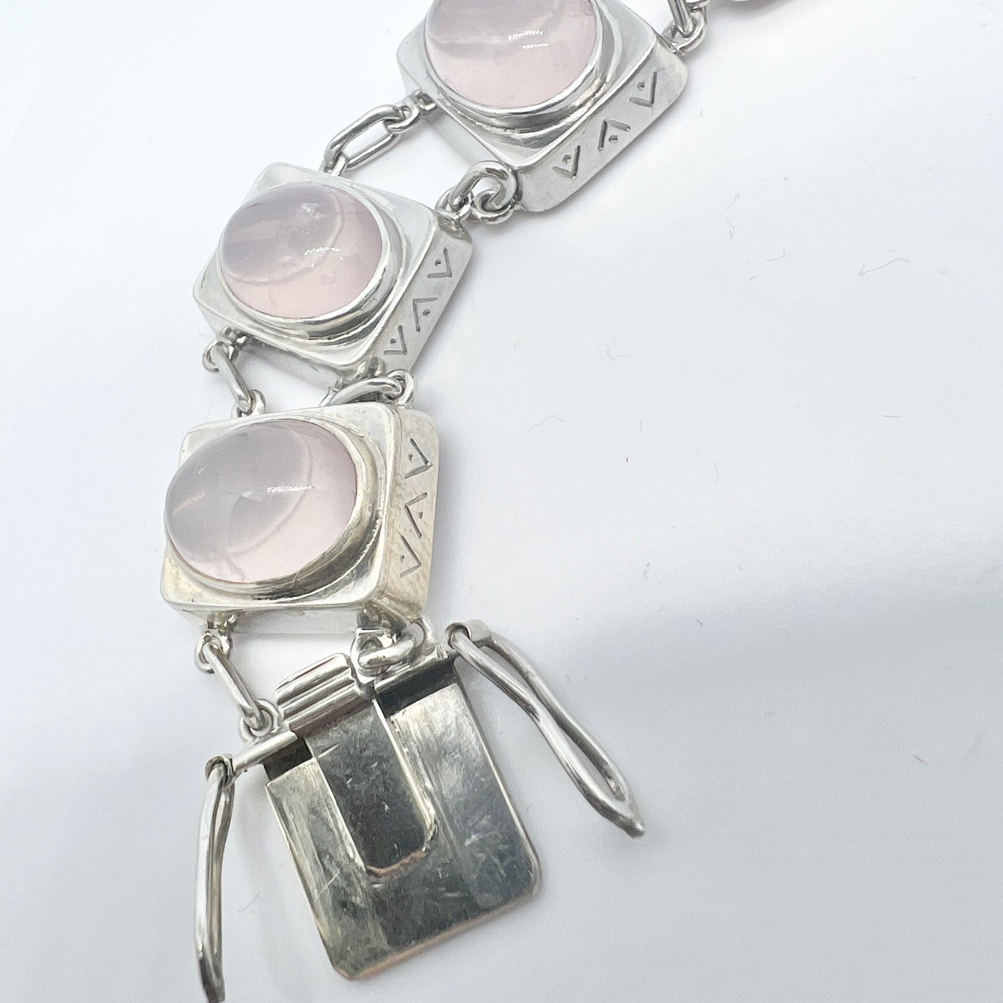 Carlman, Sweden 1954. Vintage Mid-century Modern Sterling Silver Rose Quartz Bracelet.