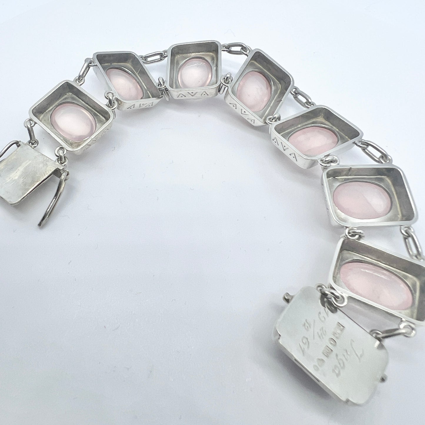 Carlman, Sweden 1954. Vintage Mid-century Modern Sterling Silver Rose Quartz Bracelet.