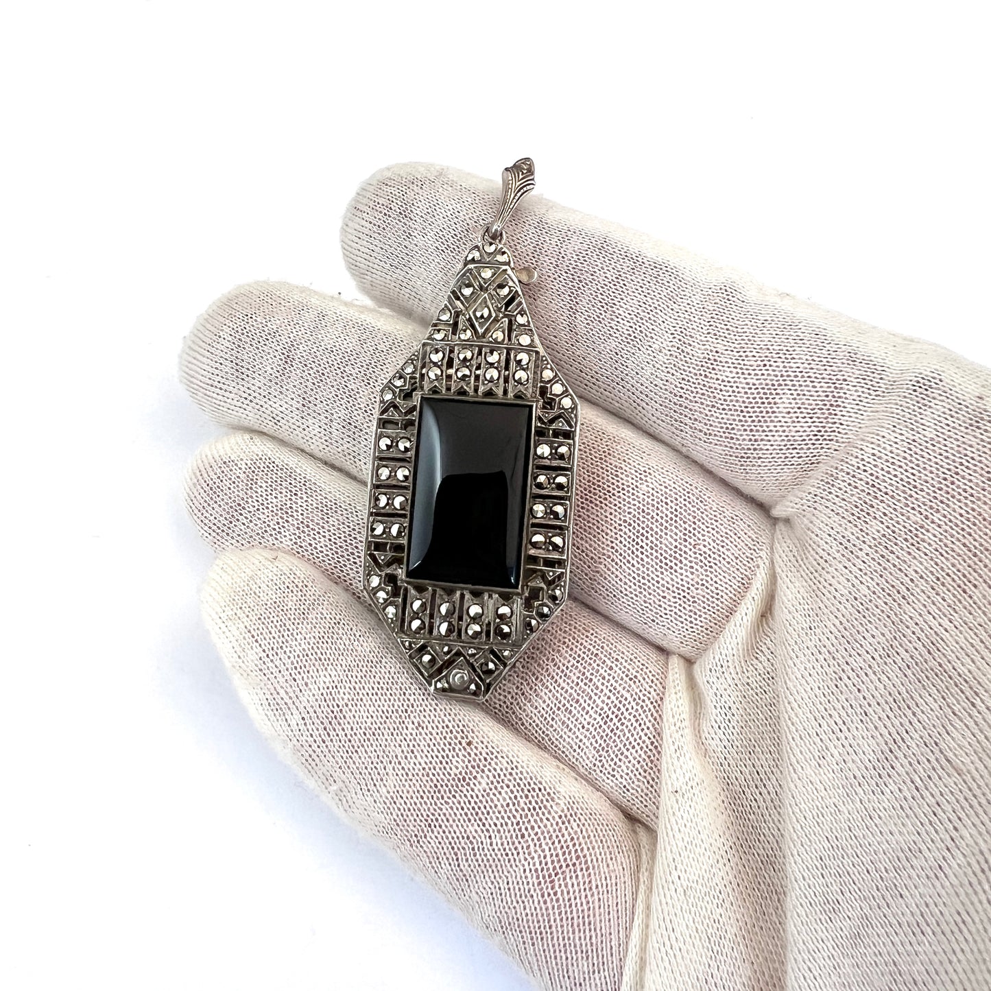 Germany Art Deco Solid 835 Silver Marcasite Onyx Folding Lorgnette Pendant.