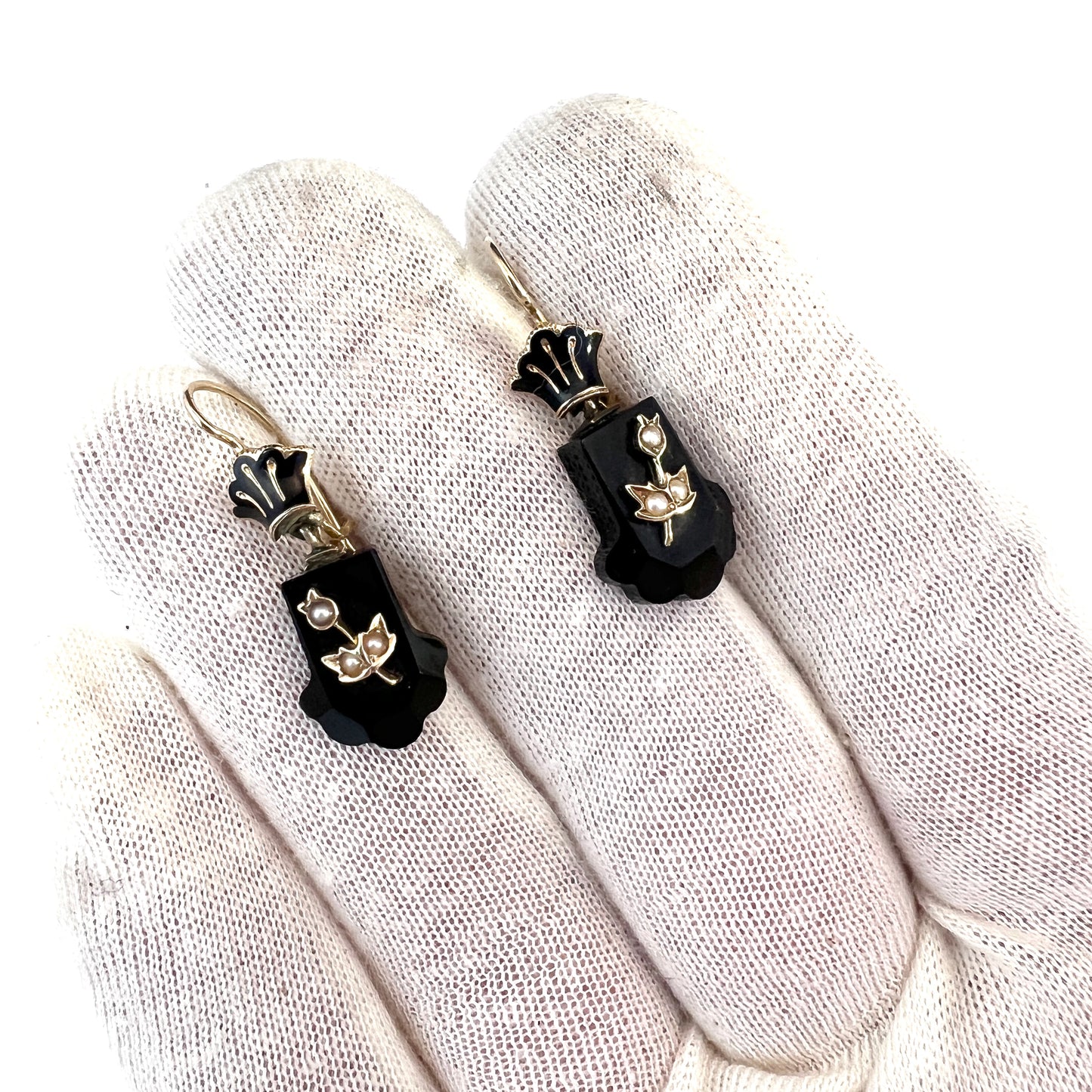 Antique Victorian 14k Gold Onyx Enamel Seed Pearl Mourning Earrings.