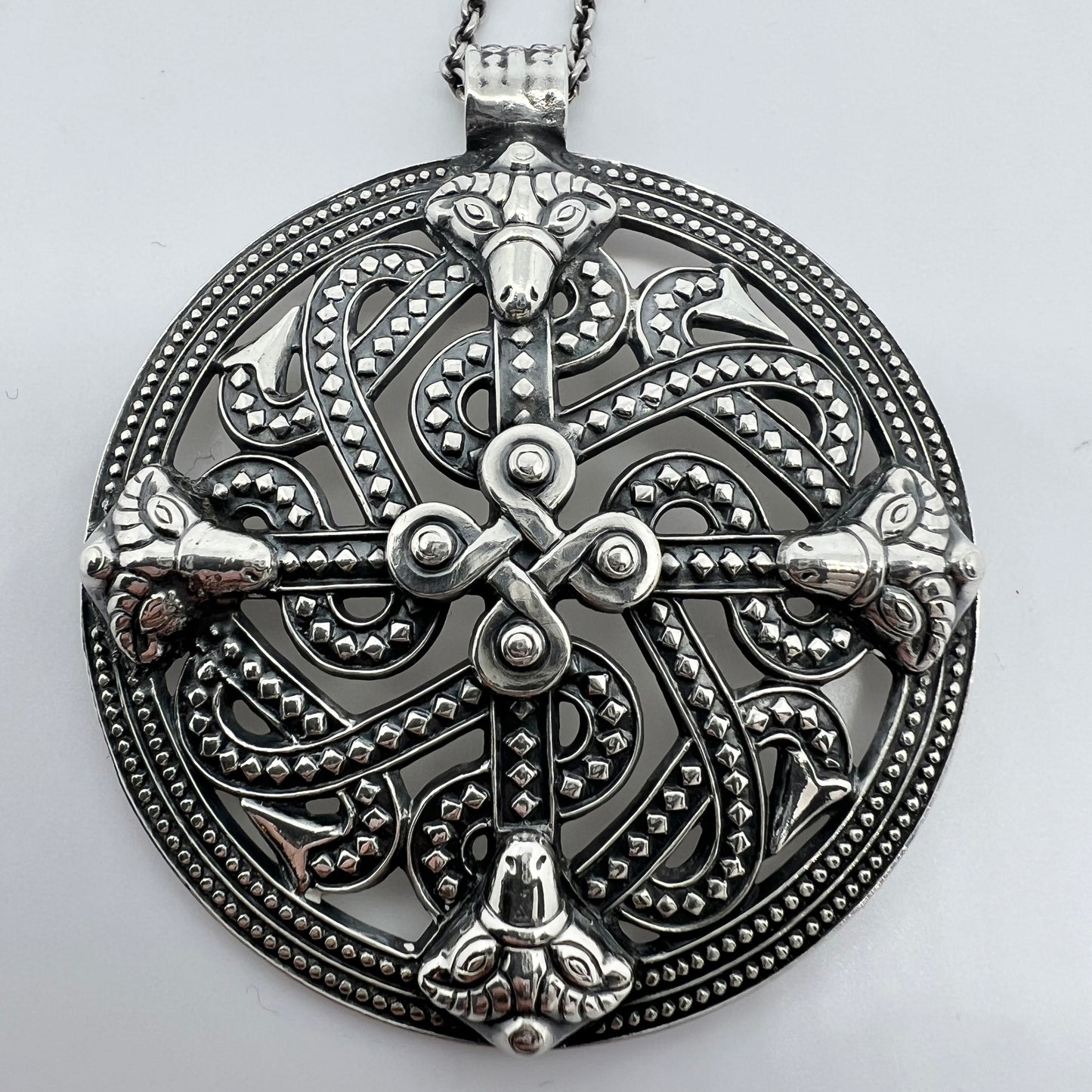 Kalevala Koru, Finland 1962. Large Vintage Solid Silver Long Chain Pendant Necklace.