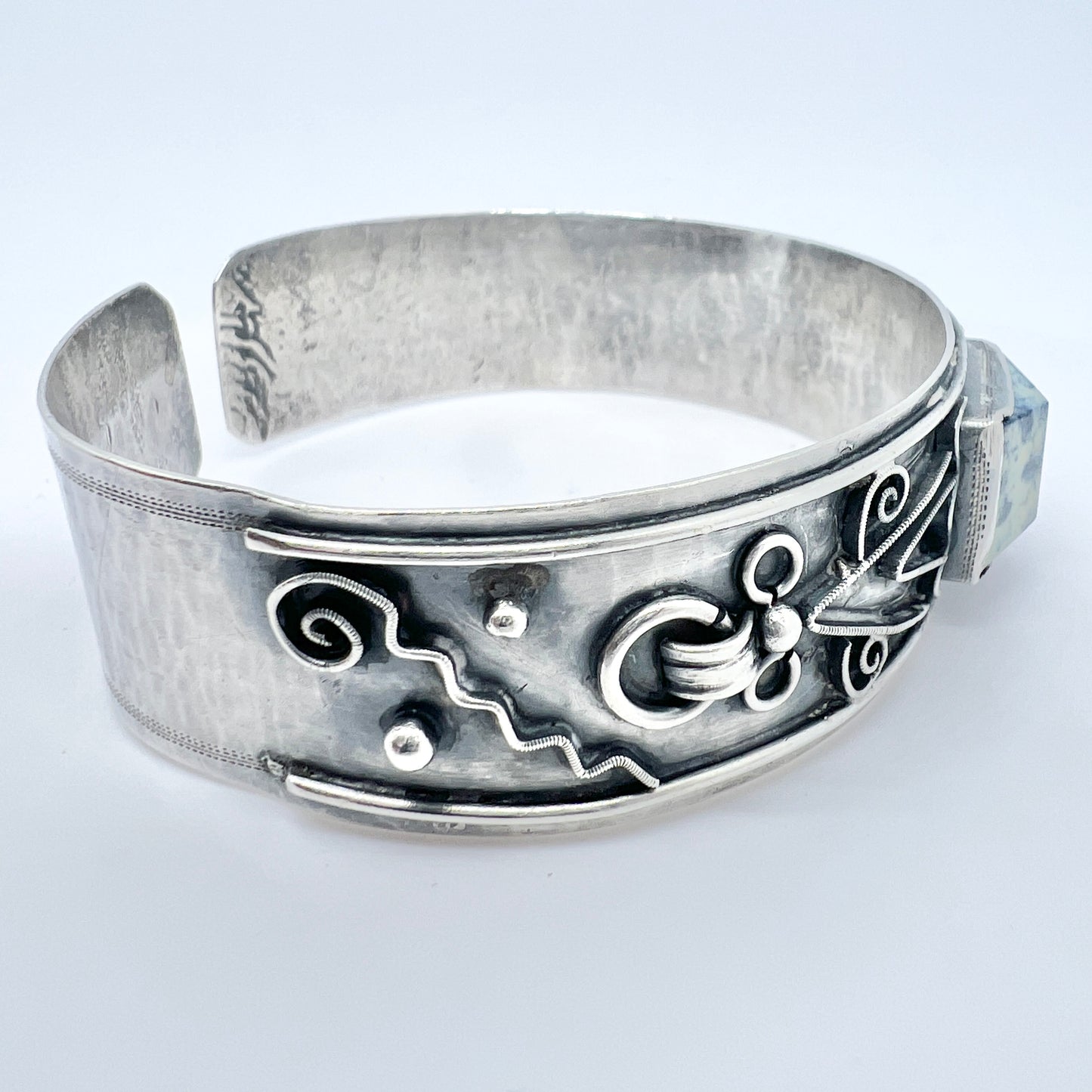 Karin Boström, Sweden 1938. Late Art Deco Sterling Silver Sodalite Cuff Bracelet. Signed.