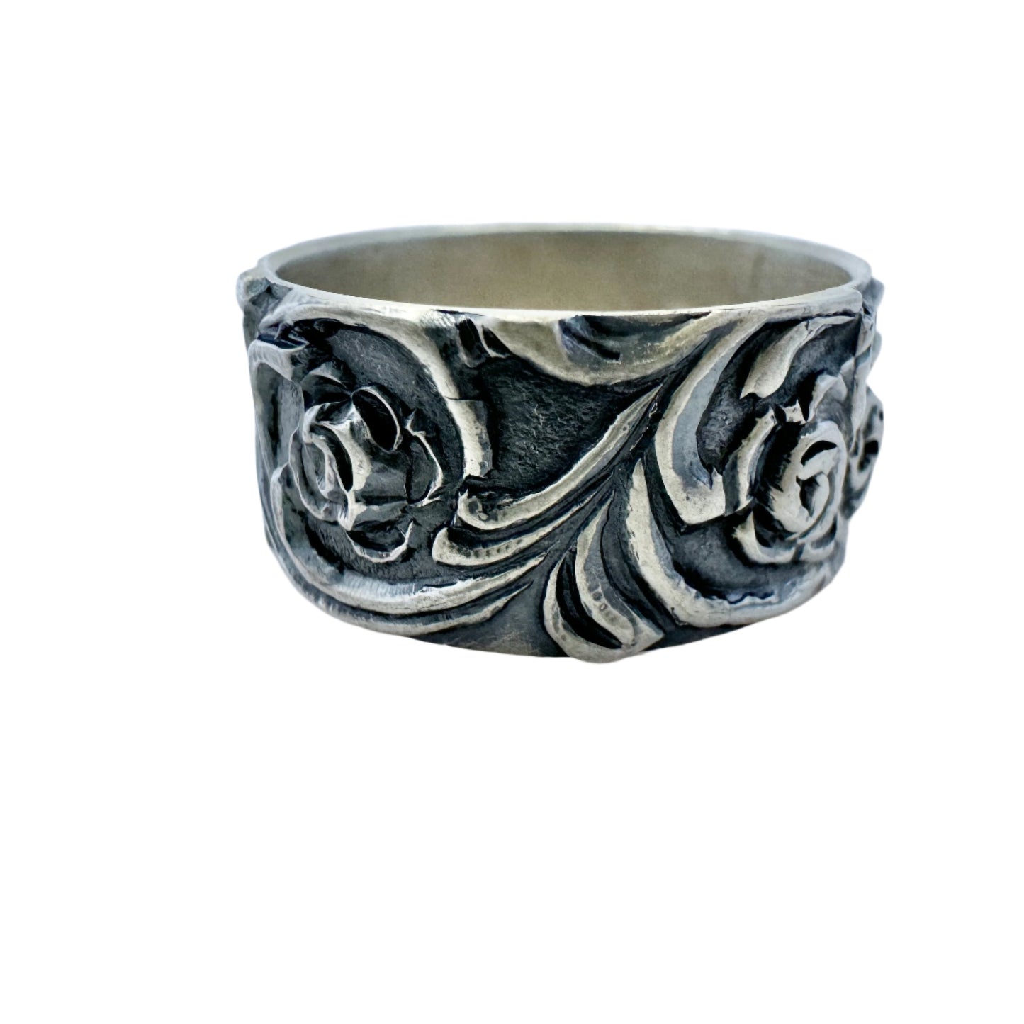 Olavi Tarkkanen, Finland year 1970. Vintage Solid Silver Rose Flower Ring Band.