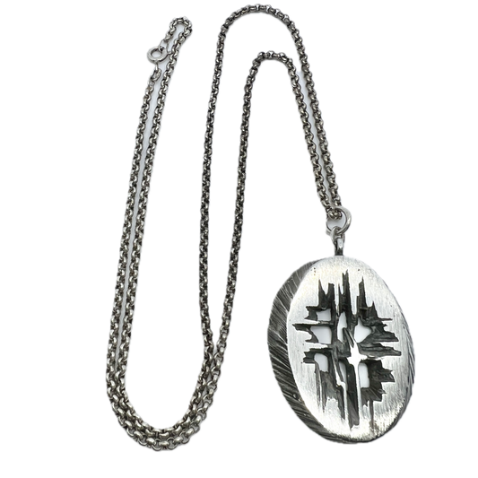 Sten & Laine, Finland 1974 Vintage Sterling Silver Pendant. Long German Silver Chain.