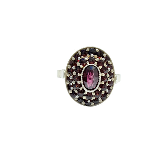 Maker HE. Vintage Gilt Solid Silver Garnet Cluster Ring.