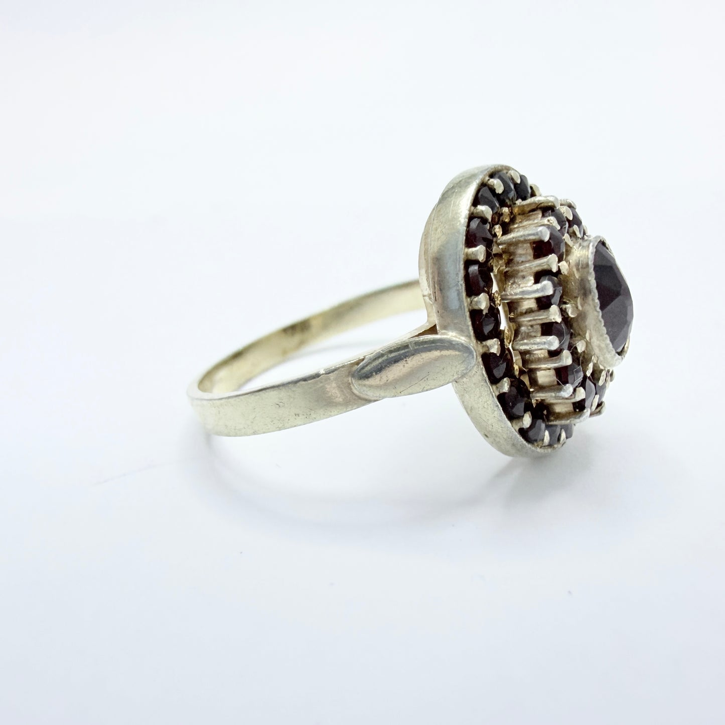 Maker HE. Vintage Gilt Solid Silver Garnet Cluster Ring.