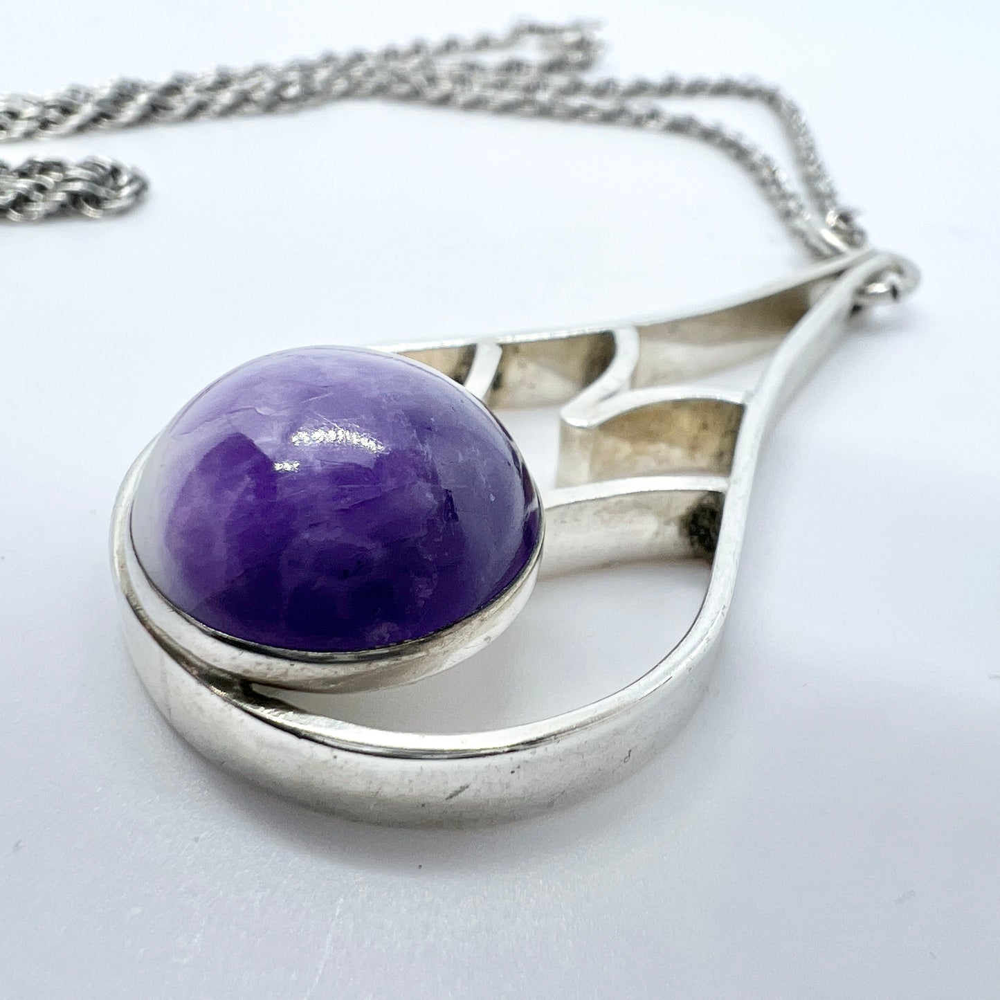 Victor Janson, Sweden 1964 Vintage Sterling Silver Amethyst Pendant Necklace.