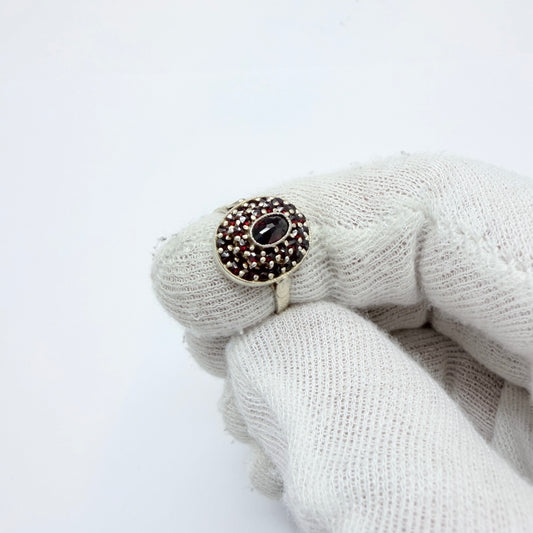 Maker HE. Vintage Gilt Solid Silver Garnet Cluster Ring.
