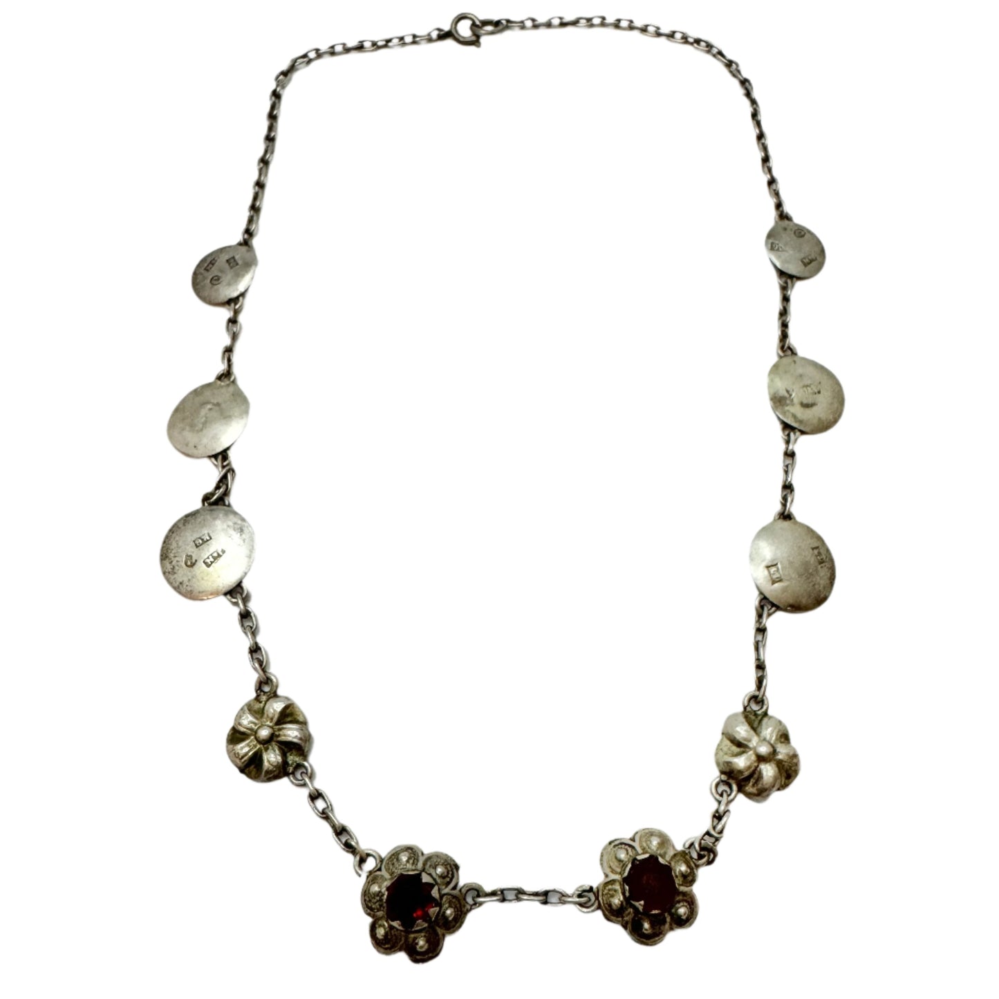 Sweden late 1800s. Antique Solid Silver Paste Stone Necklace made from Buttons.