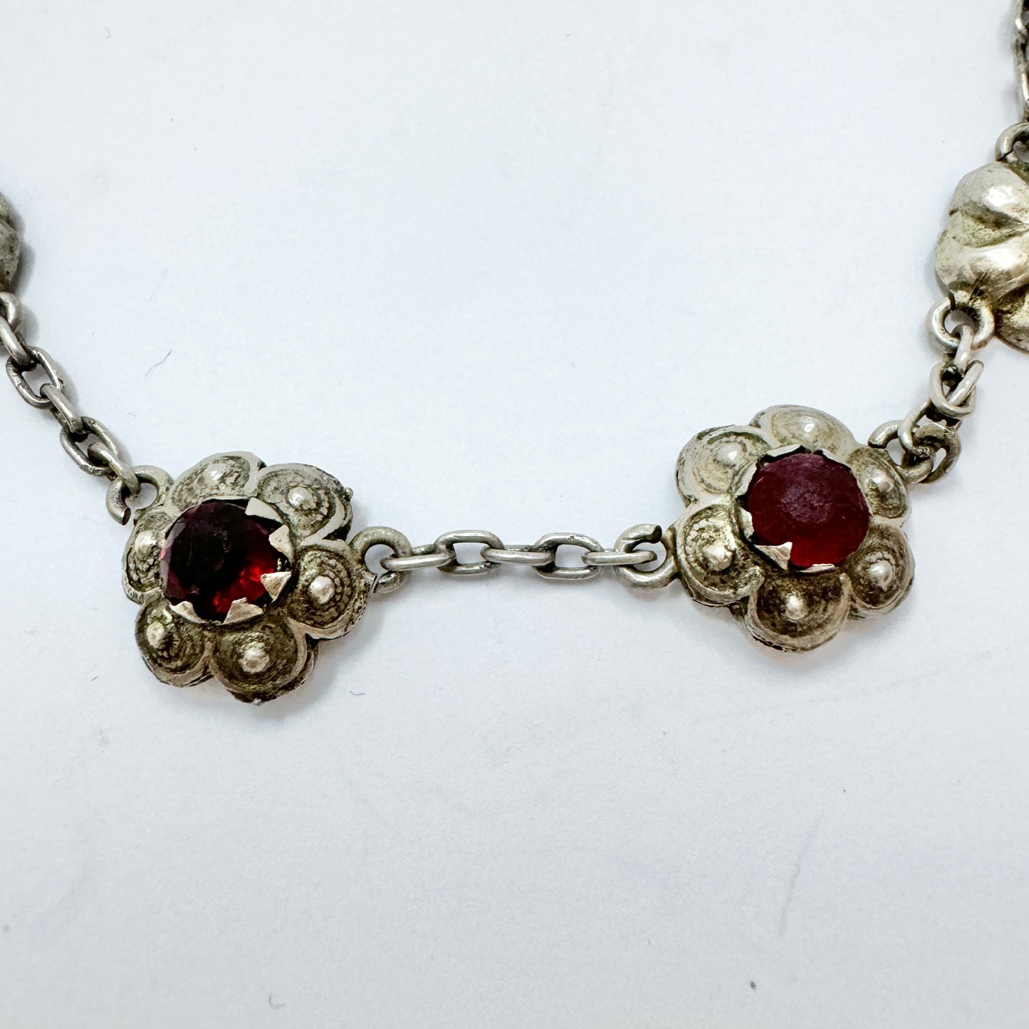 Sweden late 1800s. Antique Solid Silver Paste Stone Necklace made from Buttons.