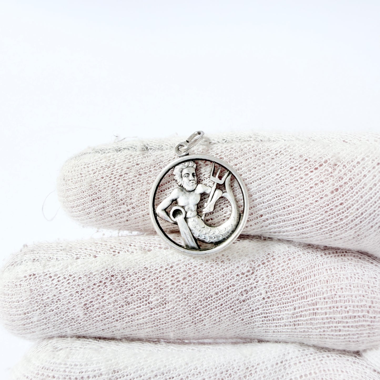 REU, Germany. Vintage Sterling Silver Zodiac Neptune Charm Pendant.
