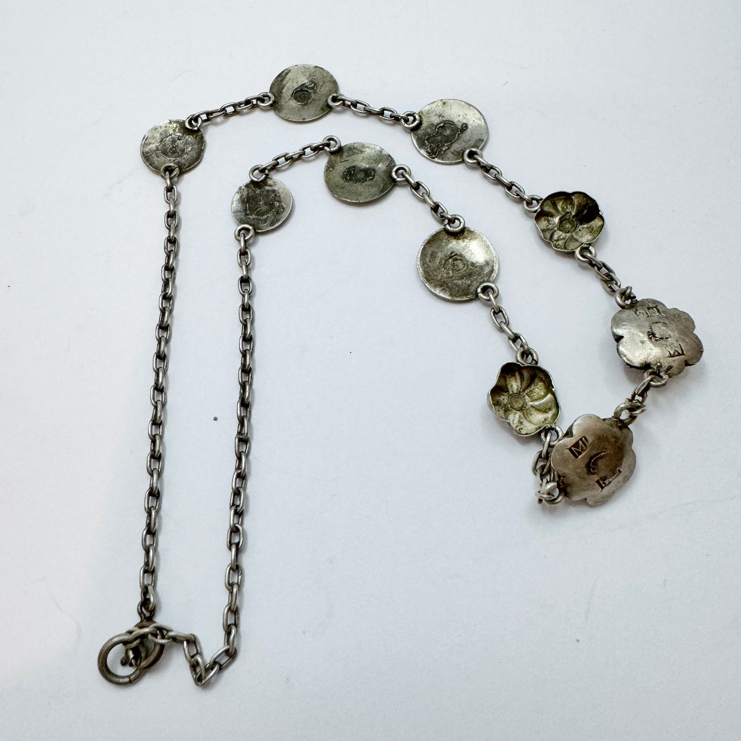 Sweden late 1800s. Antique Solid Silver Paste Stone Necklace made from Buttons.