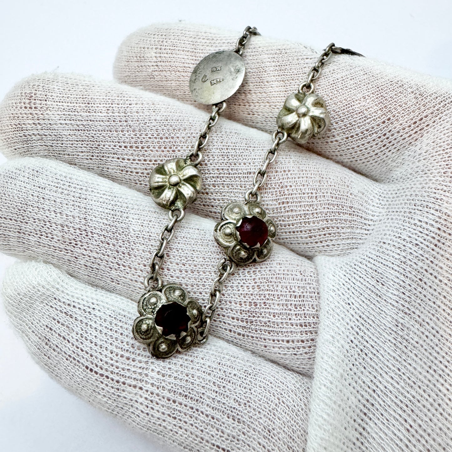 Sweden late 1800s. Antique Solid Silver Paste Stone Necklace made from Buttons.